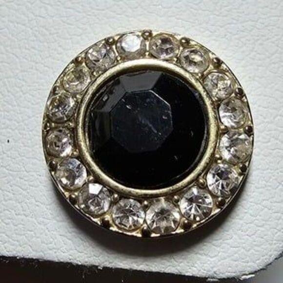 Silver Tone Earrings Black Stone with Clear Rhinestone Halo 1/2" Diameter - Picture 2 of 3